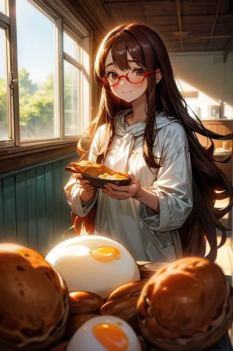  long-haired girl with brown hair and red glasses,A fleeting expression, sad expression,smile,Im eating breakfast,breakfast,Morning,indoor,bread,Fried egg