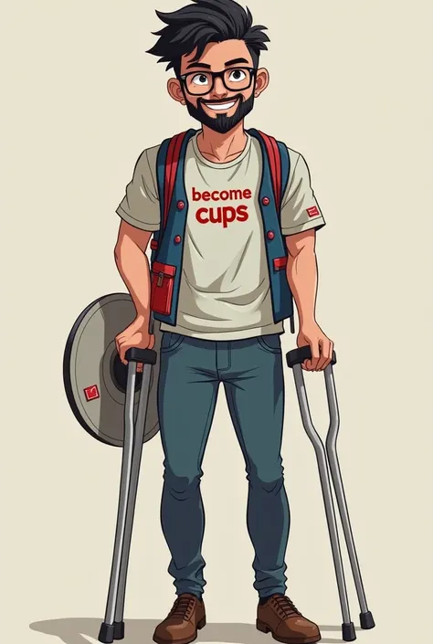 1 man, with a beard and black hair that wears glasses with the shirt with the name on the shirt “become cups” that uses two crutches, with a cheerful smile , white-colored black eye High resolution ,detail, 
Comc slim body , not so thin the bottom of a shi...