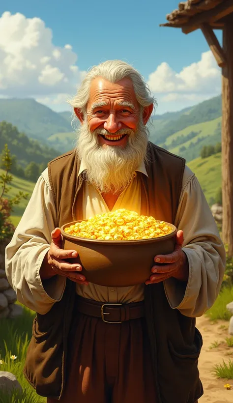 The old man was smiling and holding a pot of gold in his hand and raising it in front of him., gold jar across chest