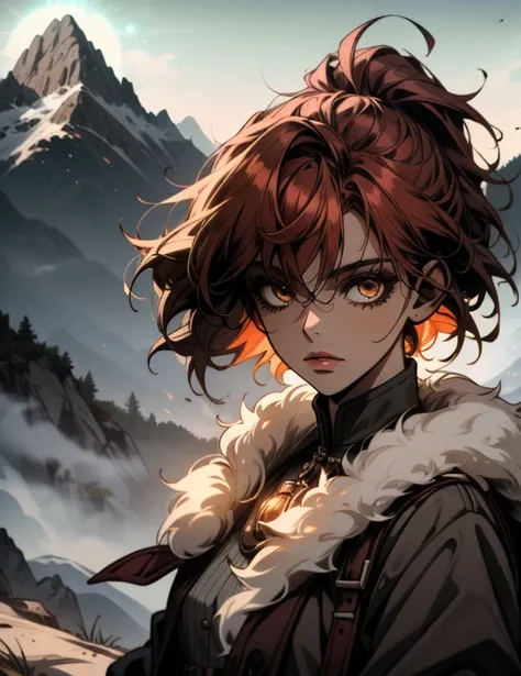 ((highly detailed, Art board, absurdres))
DPDIMJamie ,  one girl, dark skin, brown eyes, short hair, red hair,  mountain trail ,  midday ,  clear and pure light illuminates the landscape