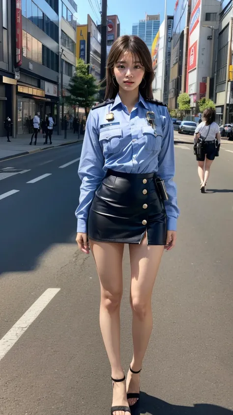 beautiful Japanese woman, 22 years old, perfect anatomy, healthy thighs, beautiful legs, beautiful skin, random hair color, random hairstyle, large breasts, female police officer, (Japanese police uniform:1.3), (miniskirt:1.3), (she is standing:1.2), full ...