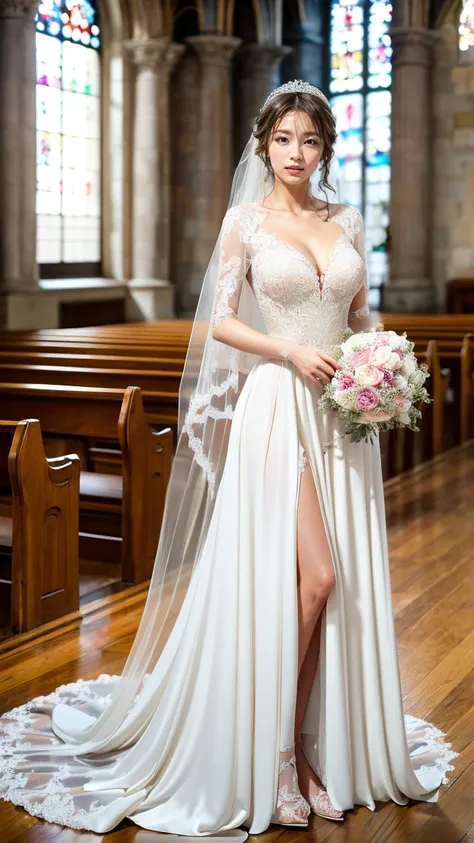 A beautiful young Japanese woman, 26 years old, with healthy thighs, beautiful legs, flawless skin, random hair color and style, large breasts, wearing a (wedding dress:1.3), (she is standing:1.2), full body shot, high heels, holding a bouquet in her hands...