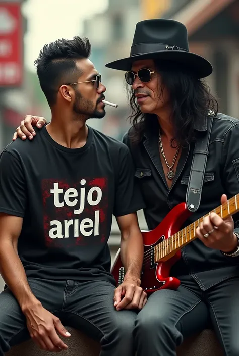  A clean-faced handsome Indonesian man wearing a cool t-shirt reading  "TEJO ARIEL"  and holding a cigarette is sitting with Slash, guitarist from the music band GUNS N ROSES.urban street background 