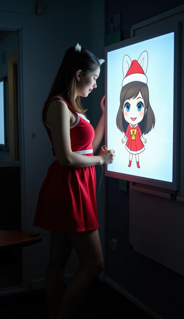  Hyper-realistic, photorealistic, dramatic scene, shadow, global-illumination, solo, (20 years old filipina face feature famous idol girl:1.5), wearing Christmas santa dress, very beautiful fragile filipina girl, very beautiful with very cute but boyish co...