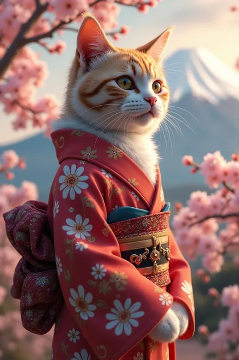 Cat wearing a kimono The background is Mount Fuji and cherry trees.
