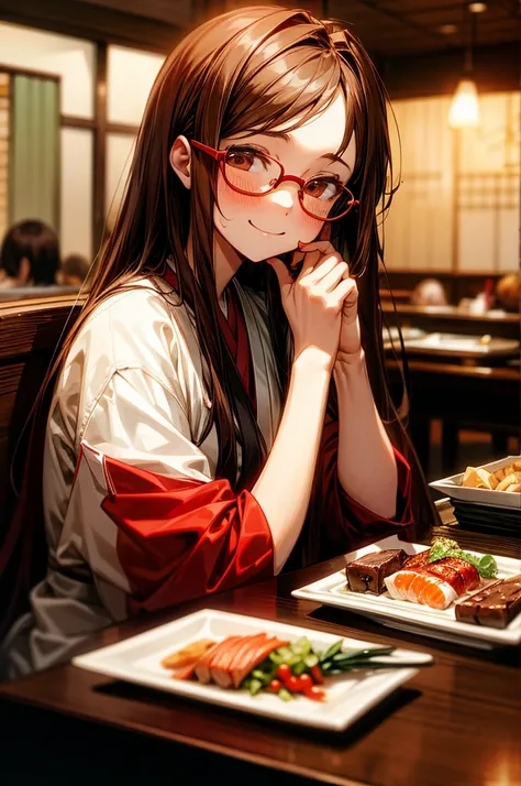  long-haired girl with brown hair and red glasses,A fleeting expression, sad expression,smile,restaurant, Premium ,Japanese food,