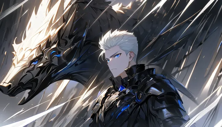 High Quality , High Definetion,handsome,Face Detai, Eyes Detail, l alone, 1 man ((18 years old)), short hair ((Quiff Hairstyles)), white hair, blue eyes, black armour, black coat, Lots of power,Fighting with a spear,Ride a white horse, being surrounded, fi...