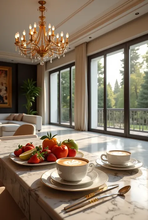 breakfast table,  in the living room in a mansion , modern realistic ,  with plates , fruits, café, large table, Chairs,  porcelain tile floor ,  modern chandelier on the ceiling ,  with windows to the garden in the Italian city ultra HD 8k image all in mo...