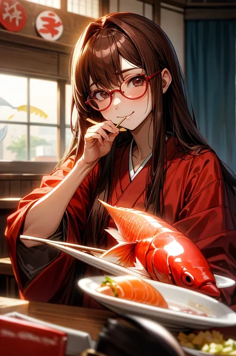  long-haired girl with brown hair and red glasses,A fleeting expression, sad expression,smile,restaurant, Premium ,Japanese food,chopsticks,Eating fish