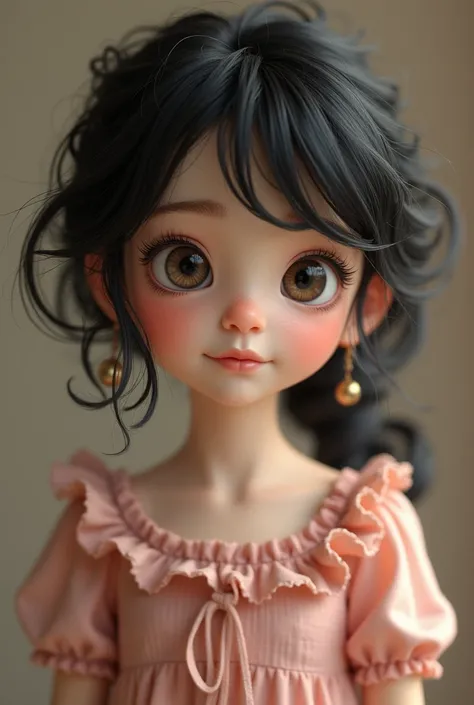  A pretty  old girl with round and wide eyes, She has frizzy black hair , portant une robe rose