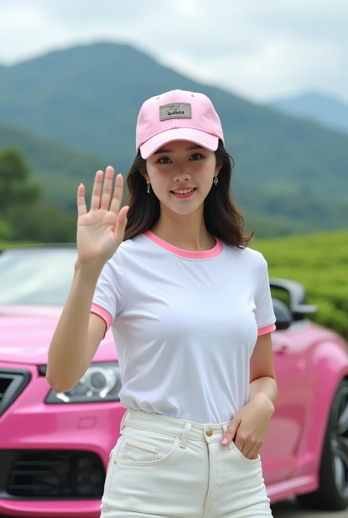 Photografi realistis high-quality of a beauty korean woman with captivating presence. She is wearing beautiful white jeans, as well as a cute white t-shirt with pink shirt the, On her head, she is wearing a pink baseball cap with the text "Wi Dia" in a met...