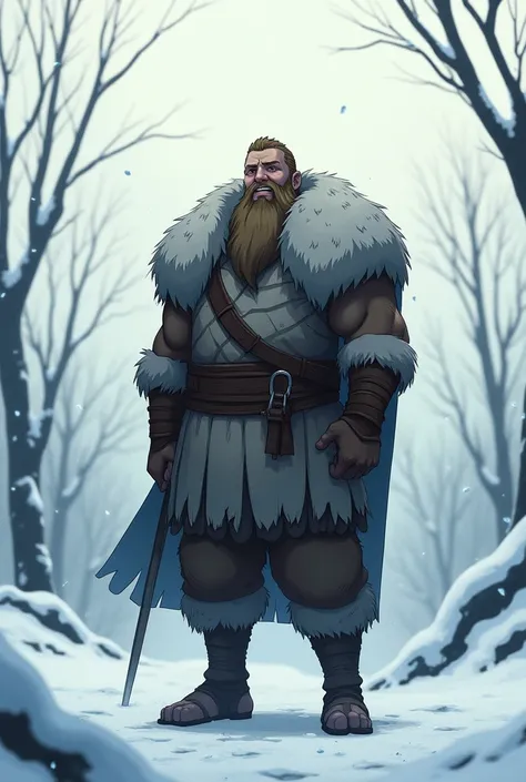 Torfin from the Vinland anime saga stands and smiles in winter