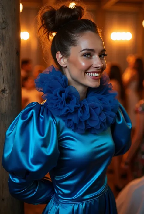 (realistic photograph close up sideways), (a pleased beautiful Caucasian woman with (messy hair bun), she is wearing (an elaborate shiny blue silk outfit featuring (long gigantic pouf sleeves) and (an ultra high tight stand-up collar that goes up to her ch...