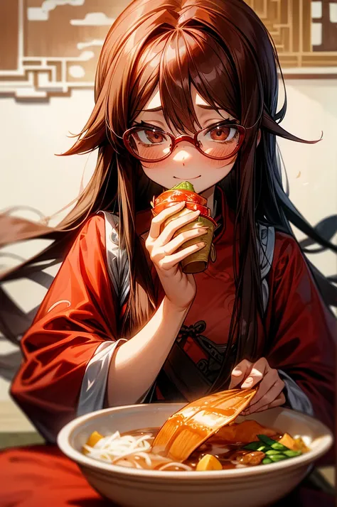  long-haired girl with brown hair and red glasses,A fleeting expression, sad expression,smile, Chinese clothes ,Eating Chinese food