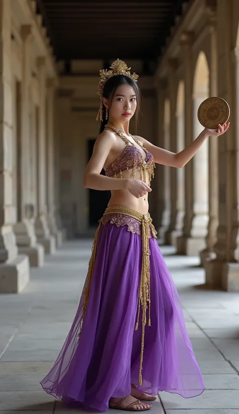 Japanese woman. Very cute face. beautiful. White skin. dance in an ancient temple
In an ancient temple lined with stone pillars, a woman wearing a purple and gold belly dance costume dances to mystical music. In his hand, he holds a small gill (cymbal) dec...