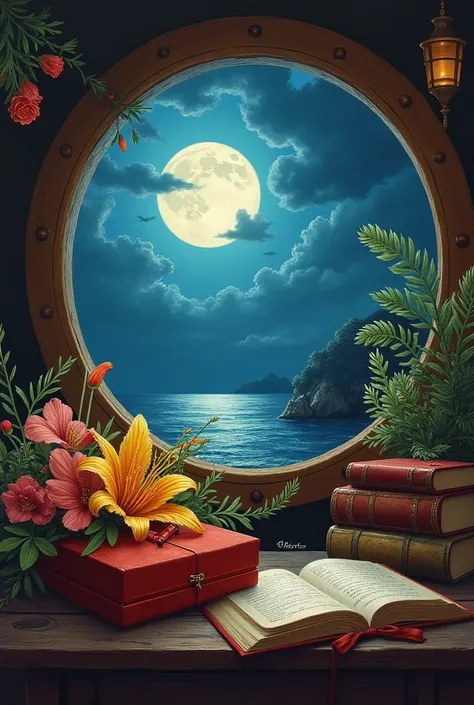 southern night, the cabin of the captain of a pirate ship, a round porthole, the moon, on the table among the books there is a heap of tropical flowers, a very small velvet box tied with a ribbon with a bow, wax pastel, 
softness, smoothness of tonal trans...