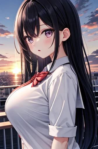 {masterpiece}, { top quality}, 1 girl,School_uniform,sunset、 black hair long hair, big breasts、