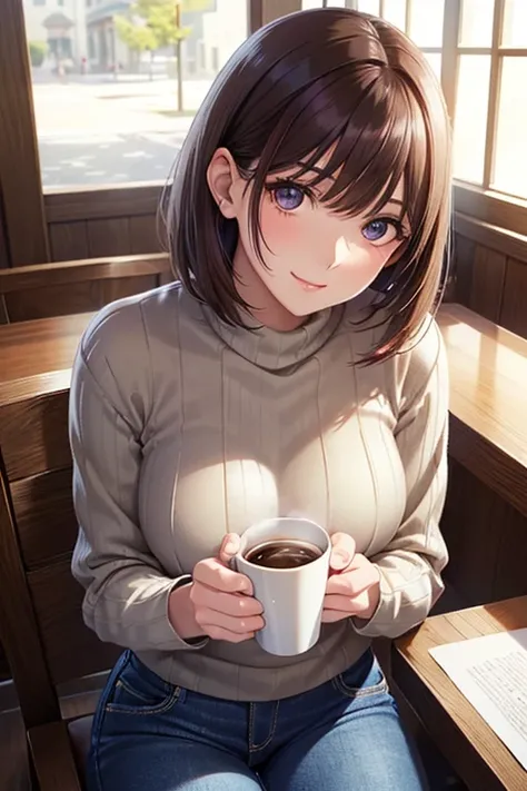  my grandmother、 Shiny Maroon Hair ,  short hair, ( brown pretty eyes、 sparkling eyes , Fine grain)、smile、 super detailed eyes、非常に detailed face ,  extremely detailed eyes, Masterpiece , cowboy shot、One female、


Woman drinking coffee while sitting at a ta...