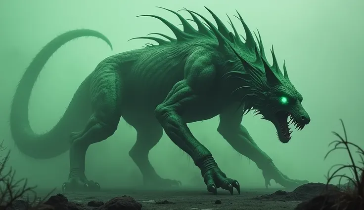  A terrifying and unique monster in a gloomy and dark landscape .  This being has a structure similar to a gigantic wolf ,  but with alien characteristics .  Your body It is covered with shiny scales that reflect light in an eerie way ,  mixed with folds a...