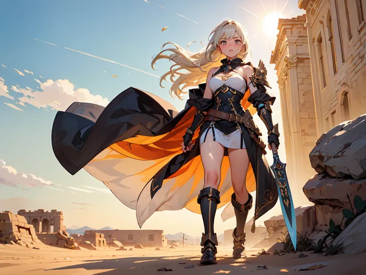 (((masterpiece, best quality, high detailed, 16k))) (1girl) A tall, sun-kissed female warrior with short, sandy blonde hair, tied back in a tight braid. Her amber eyes gleam with fierce determination, and her skin is tanned from countless battles under the...