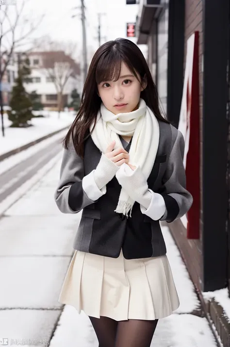 (masterpiece, best quality, perfect anatomy, highres, 8k, realistic, photorealistic, natural skin texture, no makeup:1.2), 1girl, solo, Japanese, female university student, age20, very cute, winter, (very cold day), at Boston street, 
 (There is snow on th...