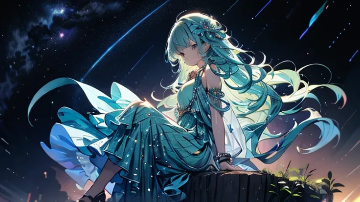 Girl sitting on a cliff and staring into the distance、 blue-green hair 、 Long Dress 、 straight long hair、 starry sky 、Night sky top quality ,  Ultra High Definition,
