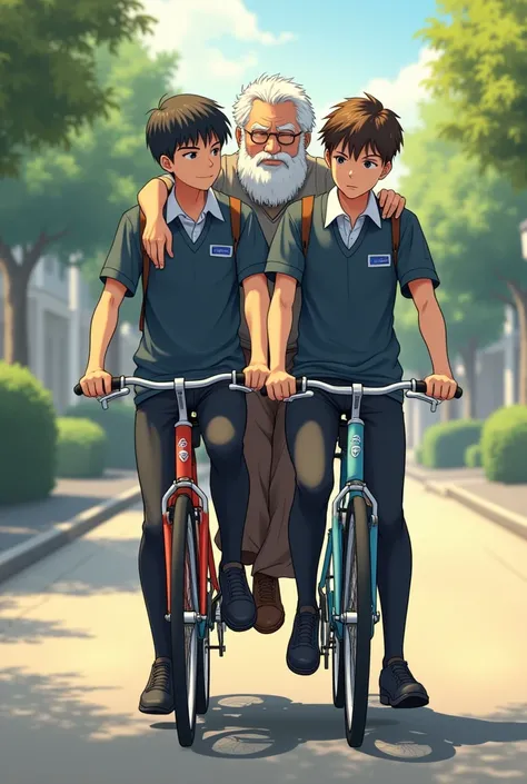 draw 2 boys ,  are high school students ,  carrying each other on a bicycle white haired man sitting behind black hair hugging the carrier 