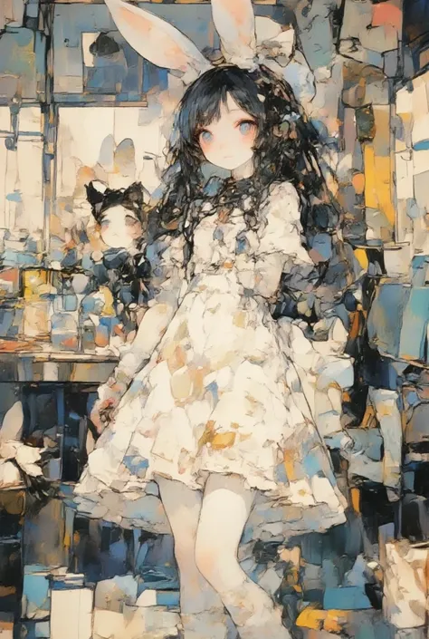 faded watercolor picture of  a girl(black hair,very long hair,bangs,ear(fluffy white bunny-ear), bunny tail,blue eye,big eye,beautiful shiny eye,skin color white,big hairbow,white frilled dress,breast,full body),background(in the train), desaturate, intric...