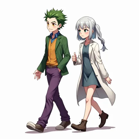 Breasts, Best Quality, Detail, High Details, High Quality, Super Detailed,  two friends are walking and the boy trying to laugh her but the girl is serious and going and the boy has green hair and yellow colour eyes and he is wearing Joker like shirt and p...