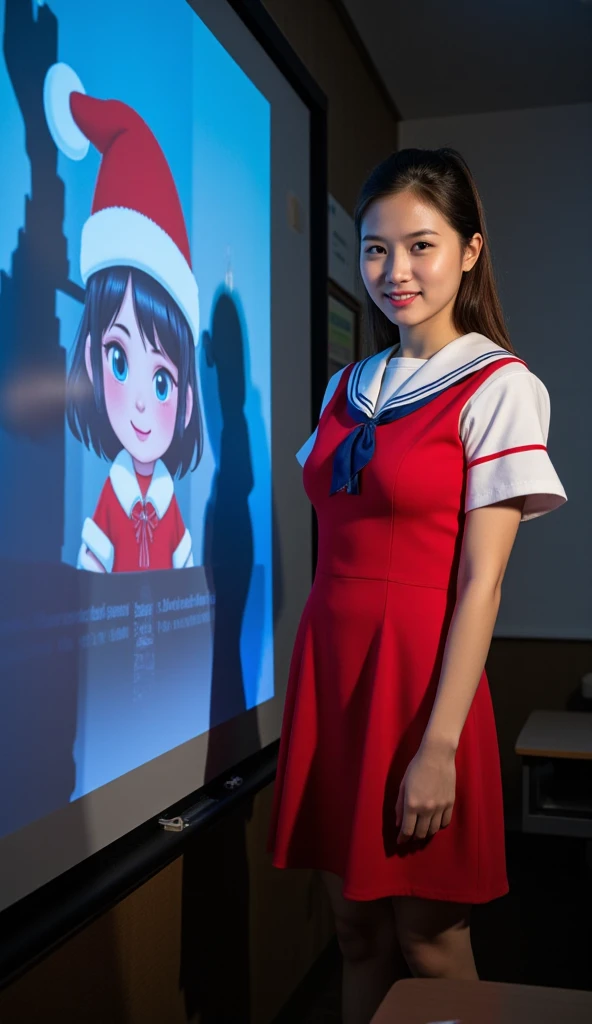  Hyper-realistic, photorealistic, dramatic scene, shadow, global-illumination, solo, (20 years old filipina face feature famous idol girl:1.5), wearing Christmas santa dress, very beautiful fragile filipina girl, very beautiful with very cute but boyish co...