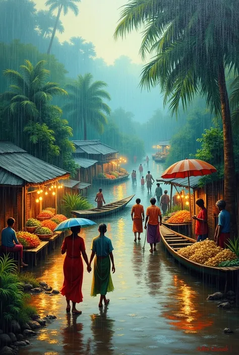 Bangladeshi beautiful monsoon season painting in village at raining time  beside rivers market 