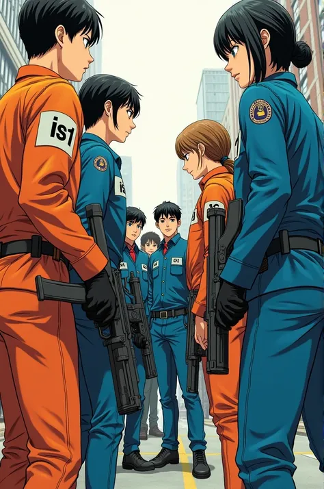 Two men and women wearing orange suits With the word IS1 screen printed on it, they were stepping on people wearing blue uniforms with the word AGL screen printed on them. All of them had guns. Manga Lines.Everyone is a teenager.City scene 