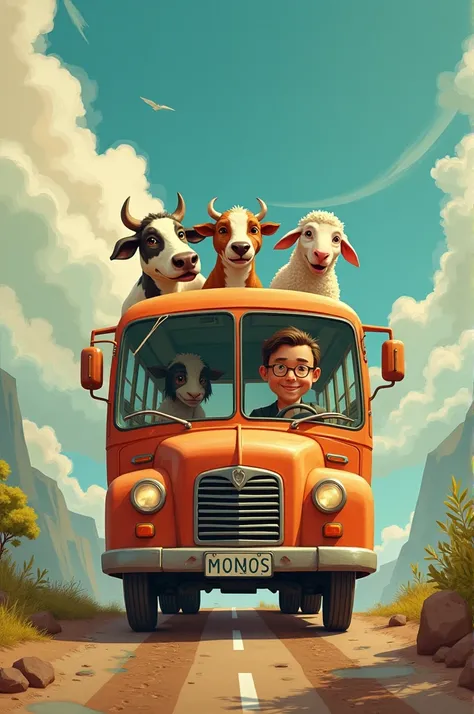  A bus with a human driver and passengers who are a cow, a dog and a sheep in abumado  