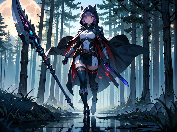 (((masterpiece, best quality, high detailed, 16k))) (1girl) A mysterious and deadly lone wolf warrior with long, flowing purple hair that cascades down her back, slightly hidden beneath a dark hood. Her eyes are a piercing silver, glowing faintly in the sh...