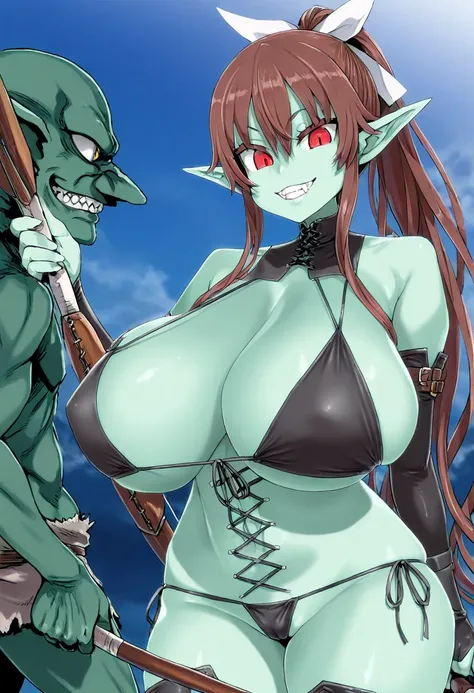 ((1 girl)), ((small height)), ((goblin_girl)), ((green -skin)), brown hair, ponytail, red eyes, fangs,grin, leather_bikini_armor, asanagi, ((huge breasts)), holding_bow_(weapon), sexy body, good quality, (masterpiece)