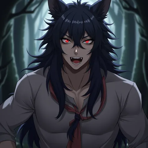 Werewolf, high resolution, Open your mouth, Black hair,  red-eyed, Animal ears,  horse faceระหว่างตา,  Very Long Hair , tooth,  tongue, แลบ tongue, Wolf ears,  men,Have muscles, young handsome,Anime forest background,  Anime Party Dress, เสื้อผ้าเก่า ๆ,เสื...