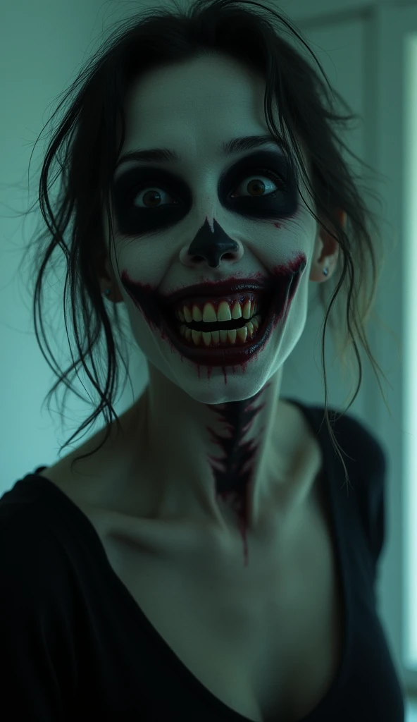 The woman’s face revealed: hollow black eyes and a wide, unnatural grin. Her neck twists unnaturally, and her figure is backlit by an eerie, pale glow.