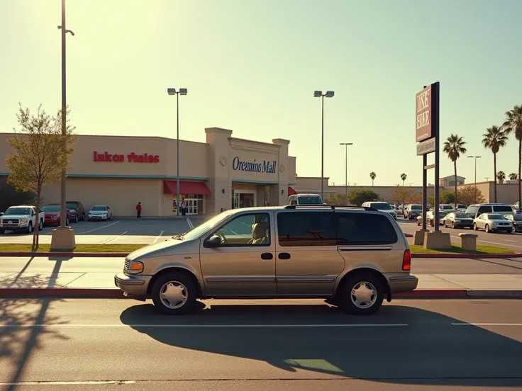 Give me a picture a picture of a minivan parked on the street in front of a shopping mall, afternoon in 1990, real picture