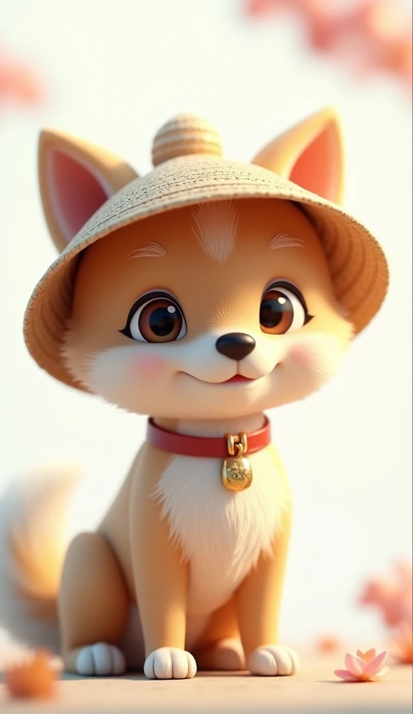 超高清 3D 展示了感人的Chinese native dog场景.  Chinese native dog, Beautiful rendering details. The overall atmosphere is mild, Full of hope and tranquility.  white background , Wearing a straw hat