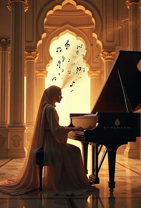 Create a drawing of a women hijab playing the piano while the pianos musical notes float above it but it looks like it&#39;s in a palace,there is a writing "ZHARA" 