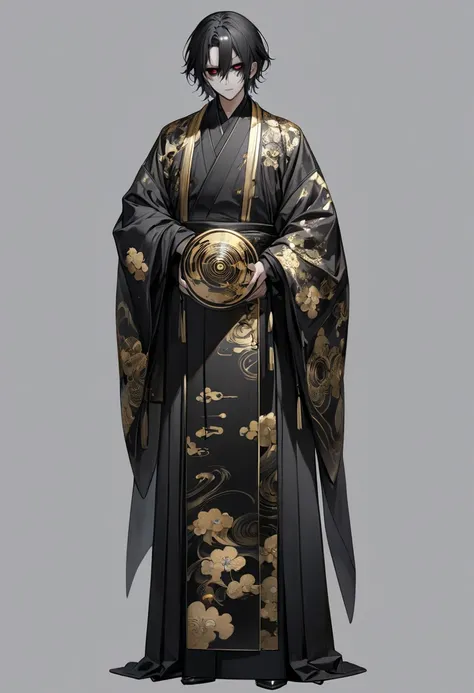  best quality  , man ,  black hair , black sclera ,  gold eyes , Black kimono , Black kimono , whole body , Standing ,  no background