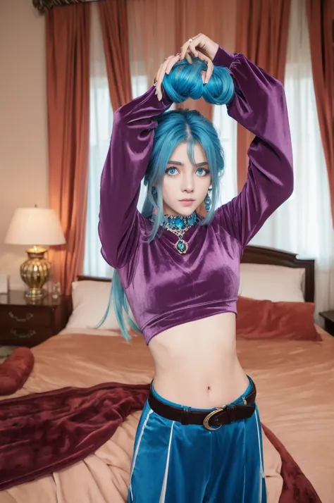 girl, blue hair, purple eyes, long sleeved velvet top, midriff, navel, long pants, belt, jewels, on bed, stretching arms, relaxed, royal bedroom