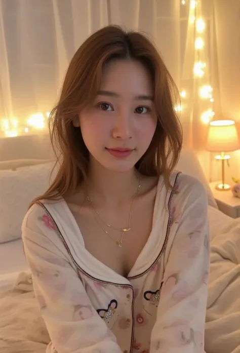 low angle shot ,young korean woman , medium breasts , slender, long brown natural loose hair cascading over shoulder, gold necklace,  with radiant, smooth pink skin, sitting gracefully on a cozy bed. She is wearing cleavage cute, pastel-colored pyjamas wit...