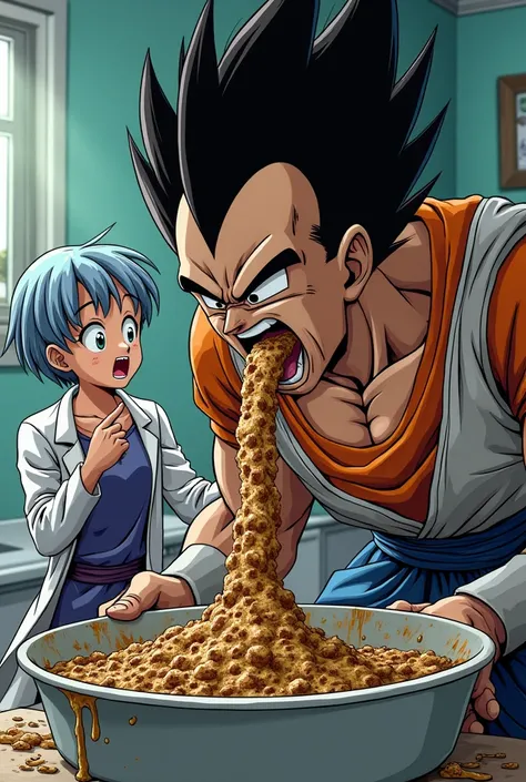  and Vegeta from Dragon Ball who violently vomits vomit mixed with solids into the basin、Bulma from Dragon Ball pointing to Vegetas back 。