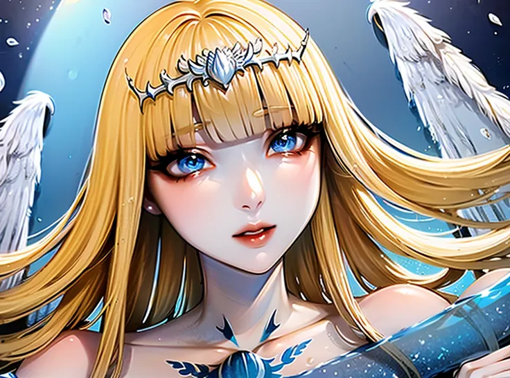 1girl, flower, solo, looking at viewer, jewelry, long hair, light blue eyes, bangs, blonde hair, parted lips, upper body, petals, (extremely long hair:1.3), (enormous white wings:1.3), (very big wings:1.2),, nail polish, makeup, eyelashes, water, beautiful...