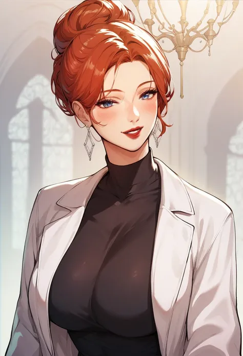  hot sexy beautiful woman,   long silver chandelier earrings, big breasts , ,Redhead ,  Hair Bun, blush, blue eyes , Smile, red lipstick,  white coat, black shirt, Long sleeve