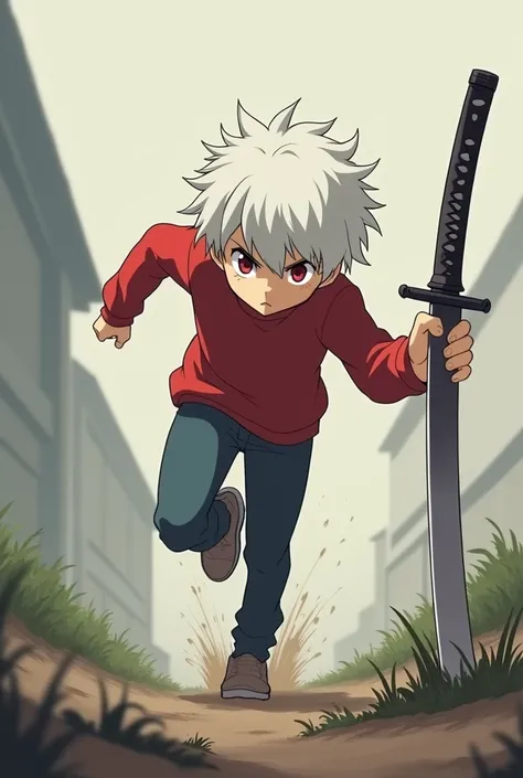 Anime boy male Plain white hair wearing a plain red sweater and plain red eyes is running to grab the katana that is stuck in the tip