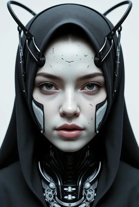 (woman in satin lacy purple traditional hjiab), half-side view, There is a white head with a broken face and many squares, cybernetic faces, cybernetic machine female face, Robot face, Machine parts embedded in the face, Robot faces, cracked porcelain face...