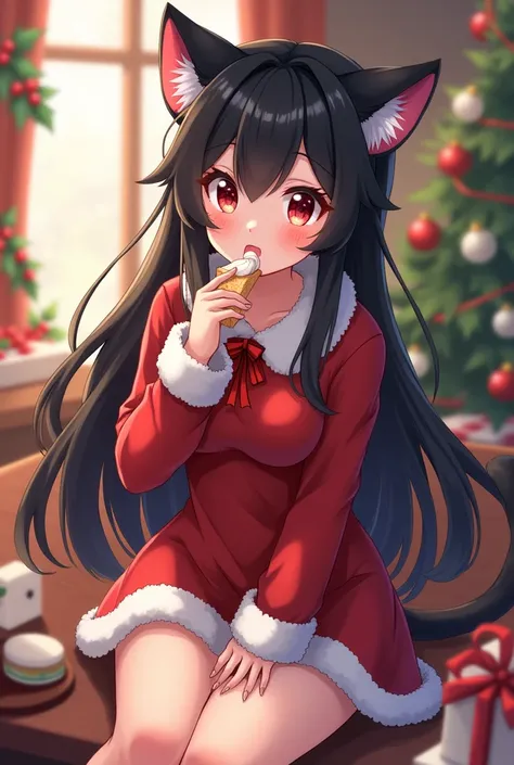 Anime wanita kucing rambut berwarna hitan Mata Merah muka lucu baju Christmas makan cake 