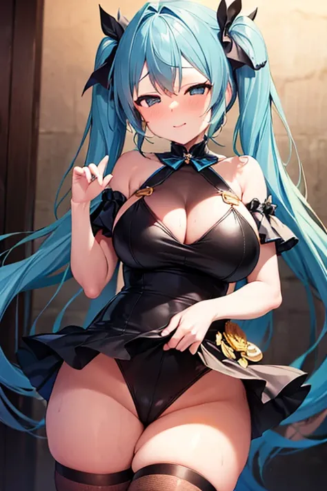  1 girl,  standing, hatsuneMiku,  light blue eyes ,  blue hair,  twin tails, Big Breasts, thick_Thighs, black thighhighs, ntrgao,